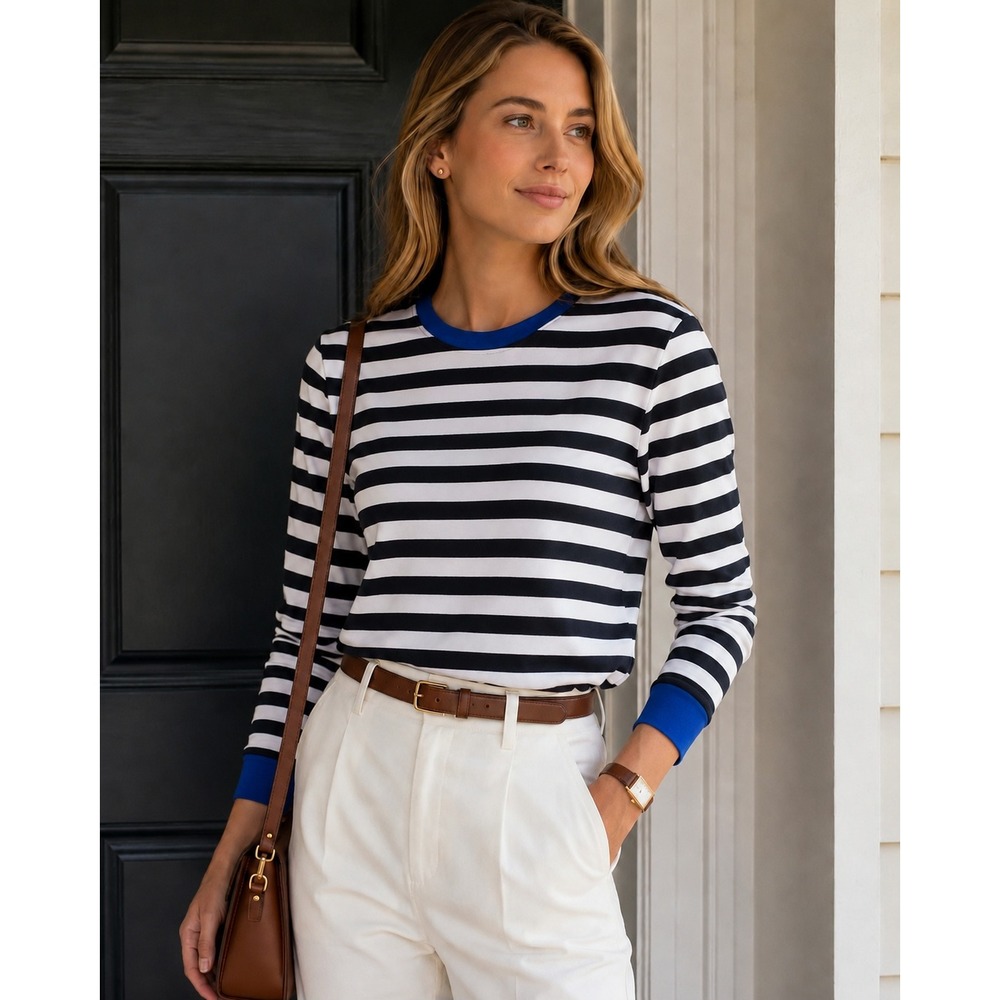 ZESICA Striped Long Sleeve Top M Black White Blue Coastal Preppy Nautical